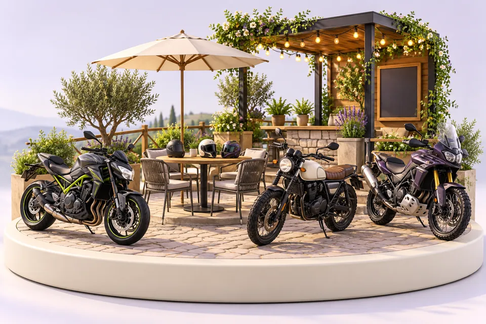 Parked motorcycles around an empty café terrace