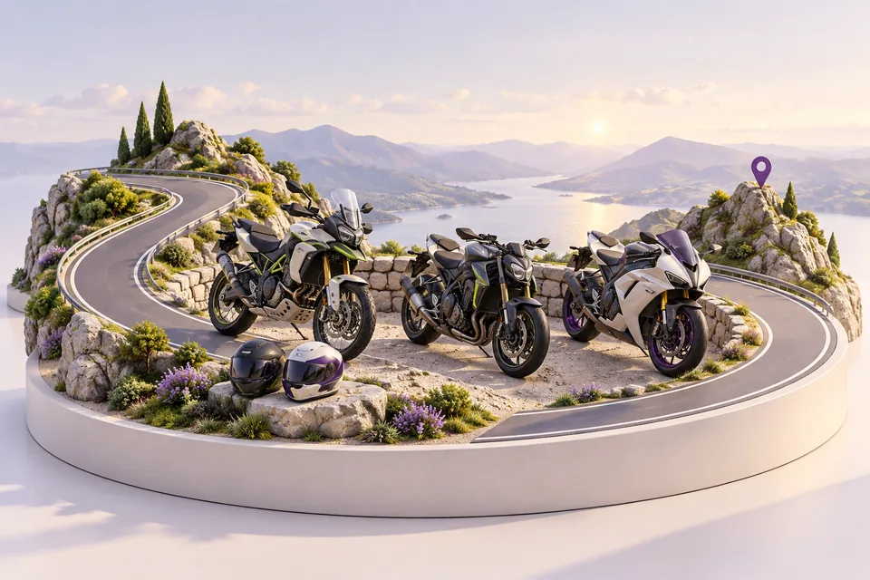 Motorcycles meeting beside a winding road