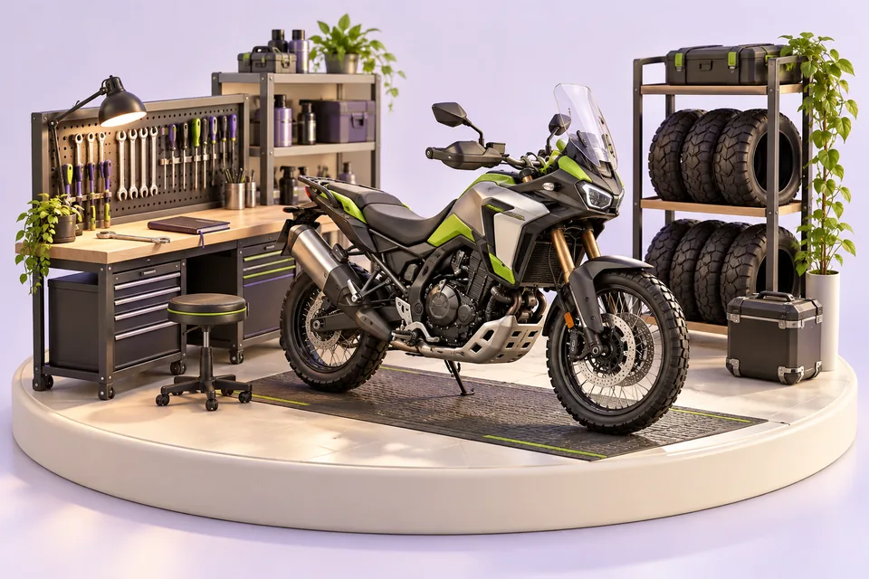Motorcycle in a tidy workshop