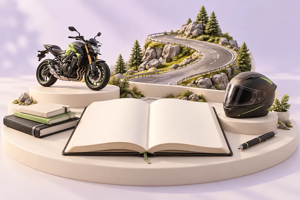 An open book, helmet and miniature road
