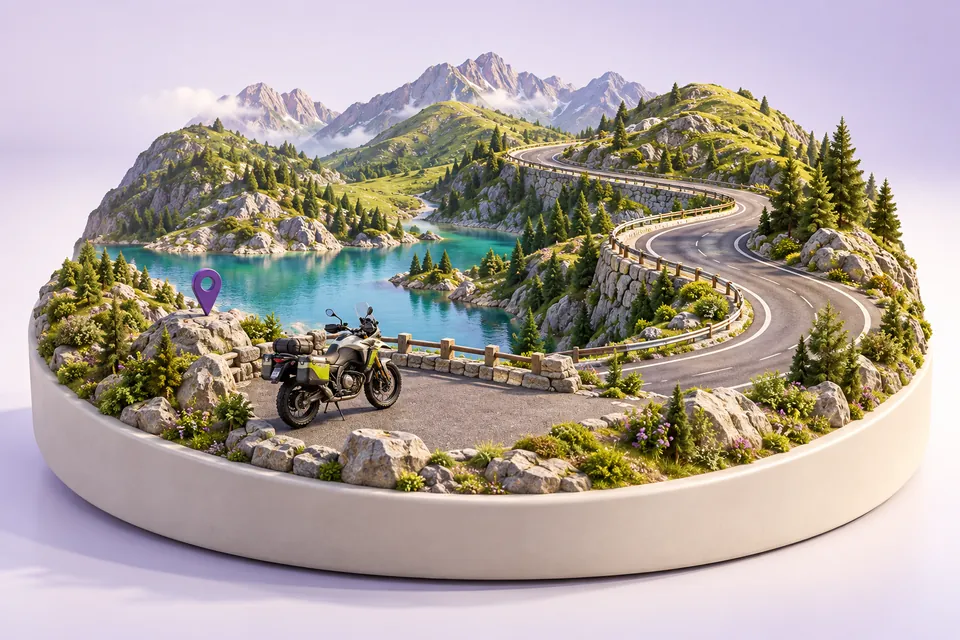 A mountain road beside a lake