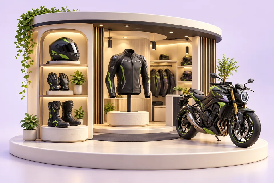 Motorcycle gear in a miniature boutique